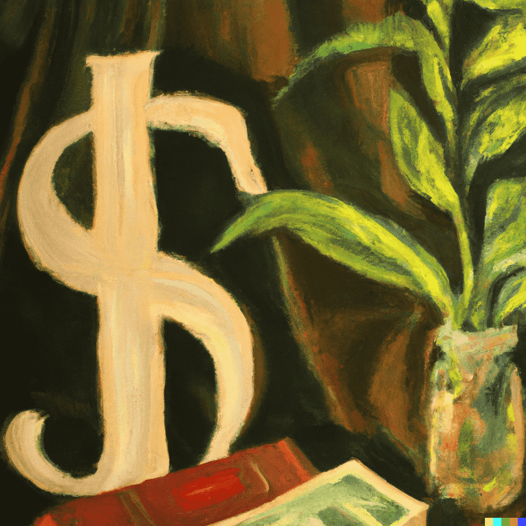 Oil painting of dollar, plant and books